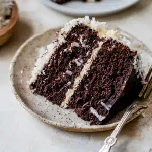 a piece of chocolate cake on a plate with white icing and a fork