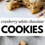 2 images; the top image shows a cranberry white chocolate cookie with a bite taken out and the bottom image shows three cookie balls on a parchment lined baking sheet