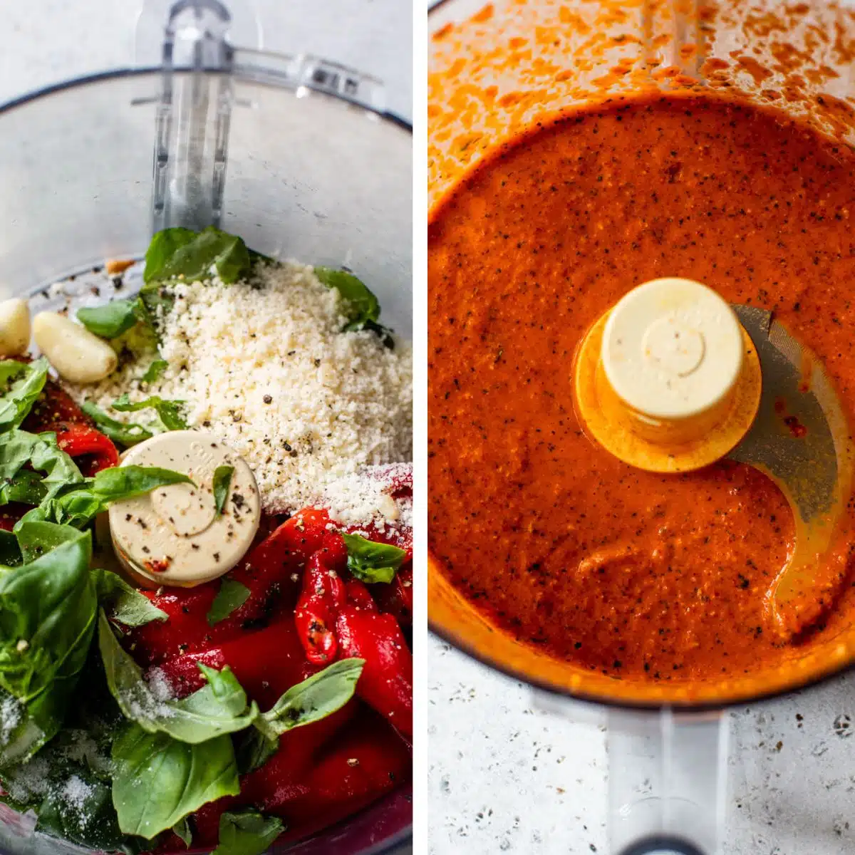 2 images: the left image shows all ingredients added to a food processor and the right image shows those ingredients blended together