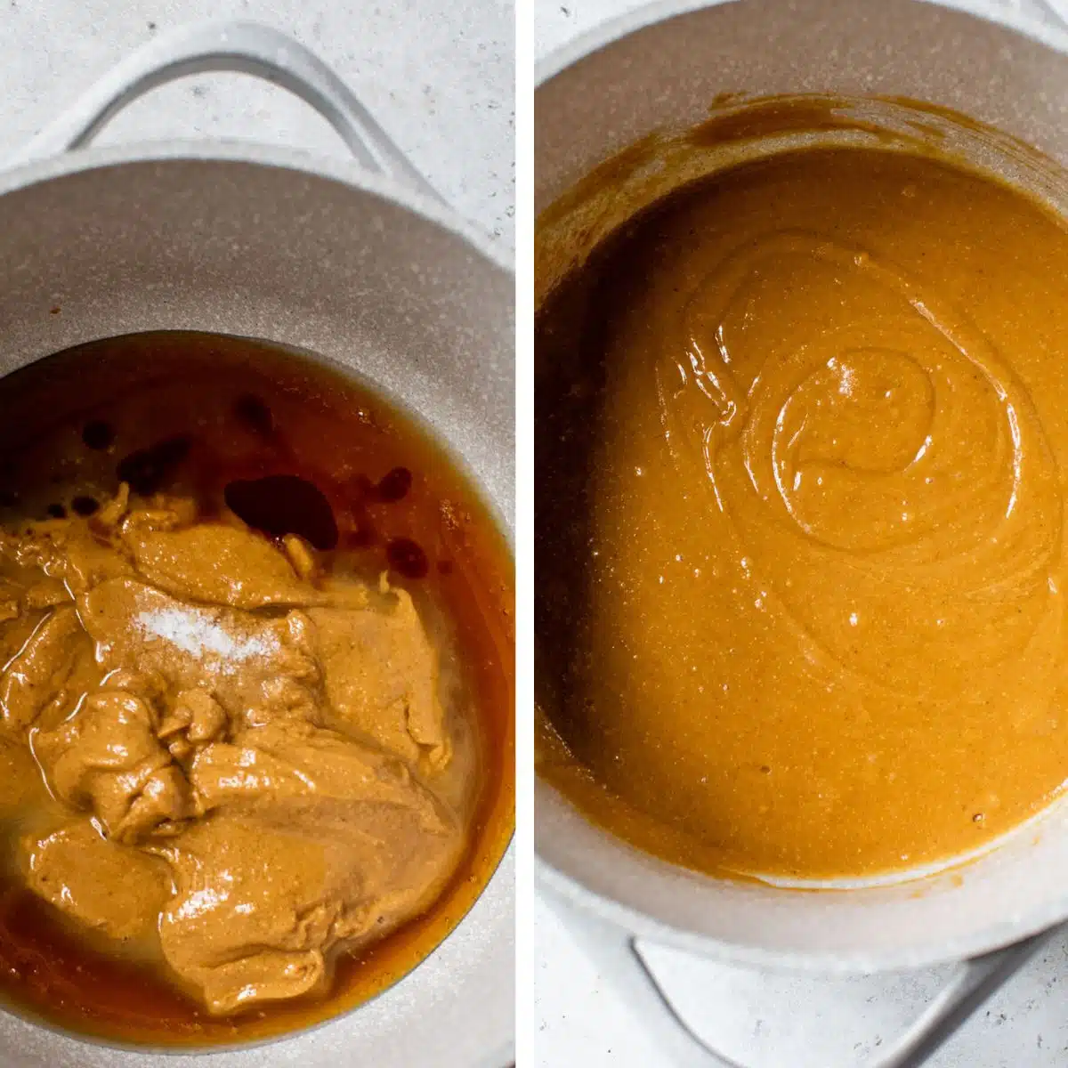 2 images: the left image shows maple syrup and peanut butter in a saucepan and the right image shows the ingredients mixed together