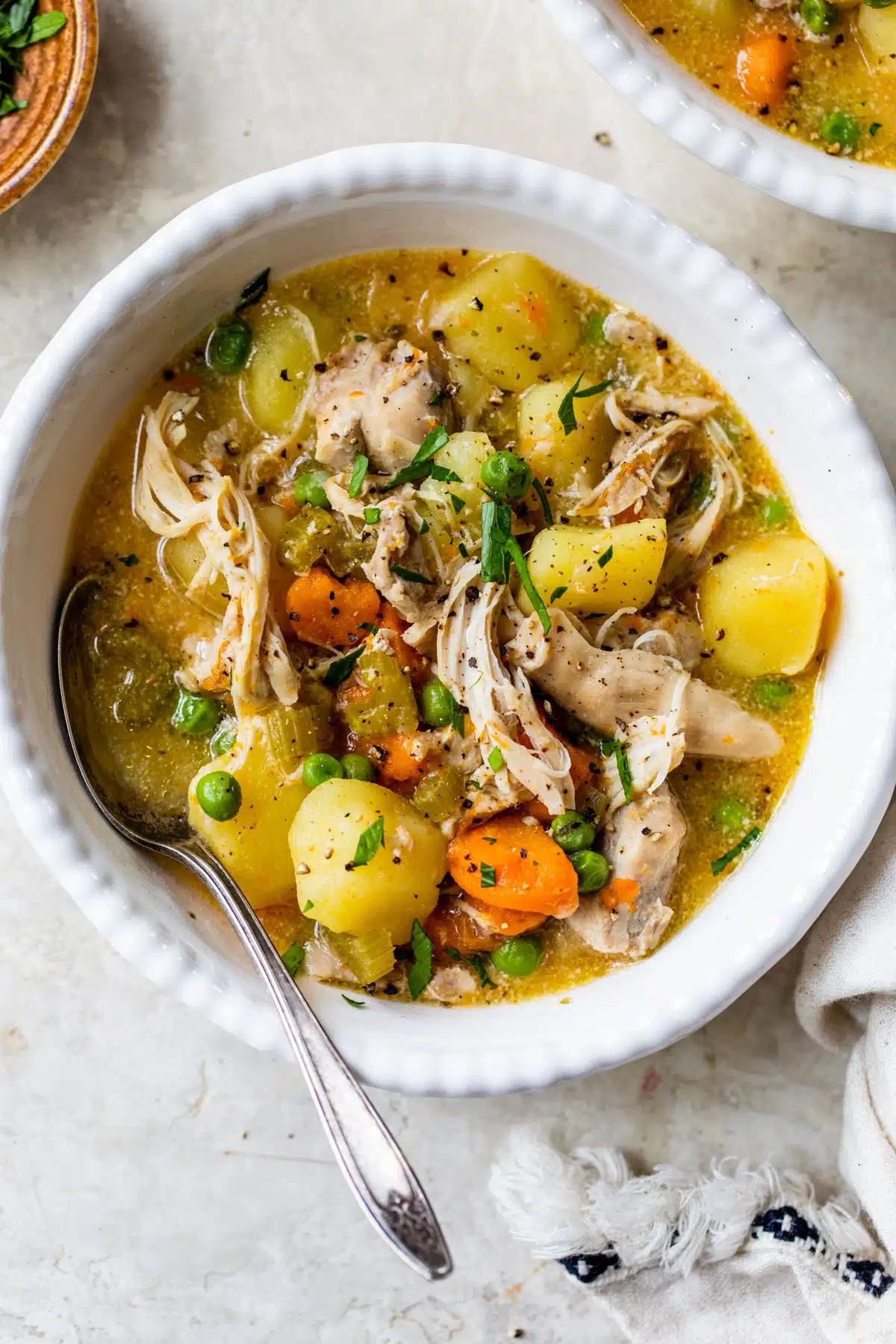 instant pot chicken stew in a bowl with a spoon