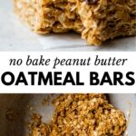 2 images: the top image shows a peanut butter oatmeal bar with melted chocolate drizzled over top with a bite taken out and the bottom image shows the peanut butter mixture and rolled oats mixed together in a saucepan