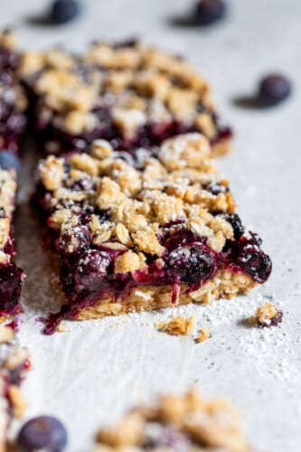 close up on a blueberry pie bar.