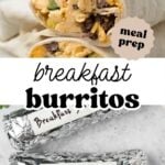 Pinterest image with overlay text, "breakfast burritos".