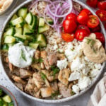 overhead view of an assembled Mediterranean Chicken Bowl.