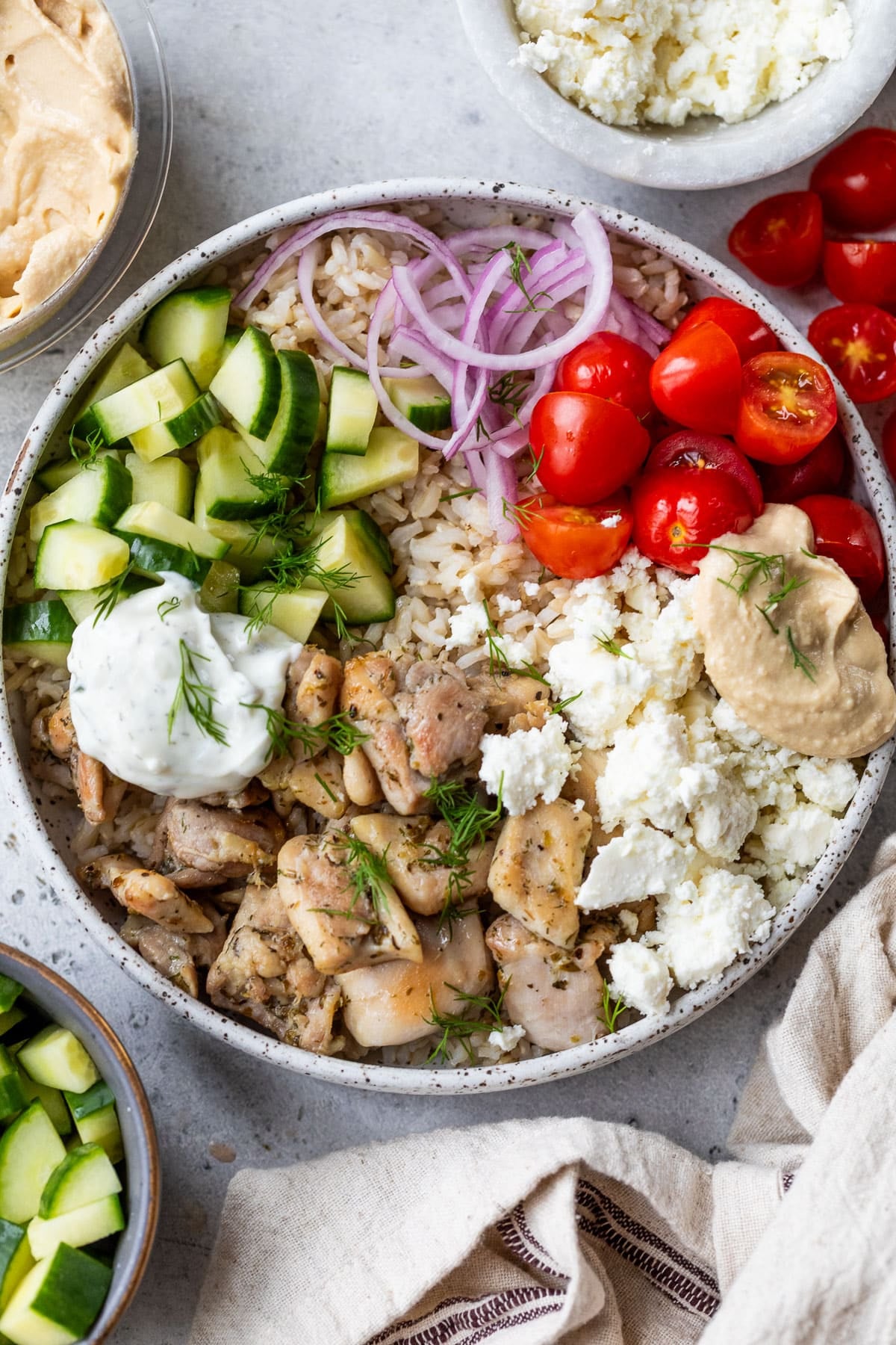 overhead view of an assembled Mediterranean Chicken Bowl.