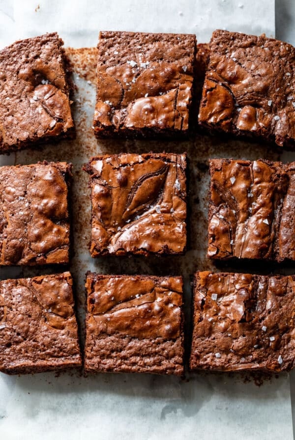 Overhead view of sliced Nutella brownies.