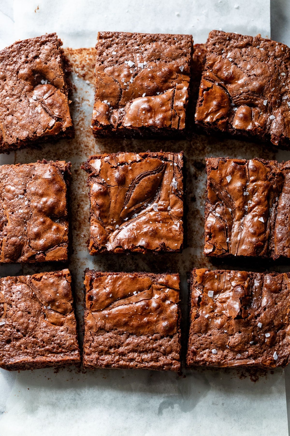 Overhead view of sliced Nutella brownies.