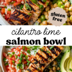 two images of grilled salmon in a bowl with rice, tomatoes, chickpeas, and sliced avocado