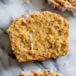 overhead view of 3 slices of sweet coconut bread.