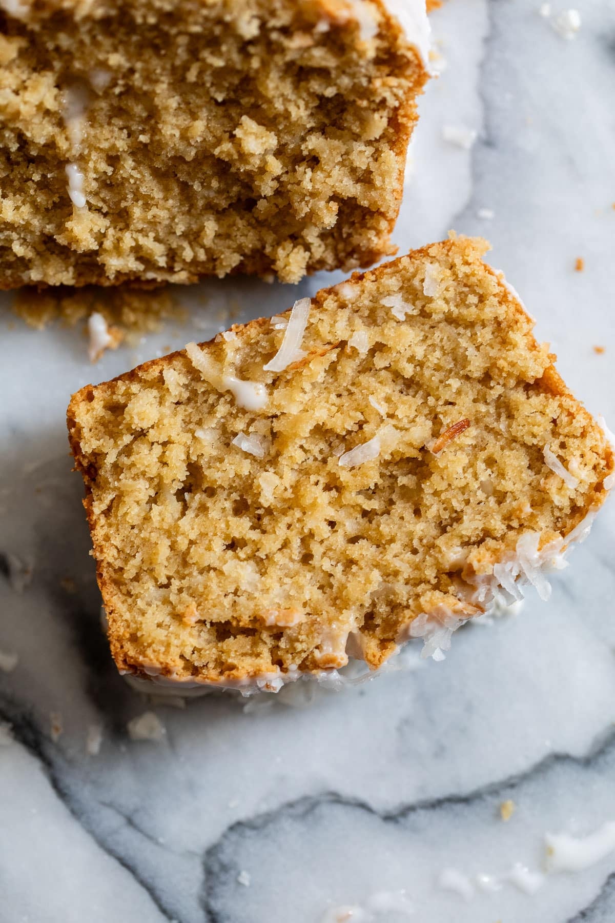overhead view of a slice of sweet coconut bread.