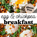 Pinterest pin with 2 images of a cooked vegetarian breakfast skillet with overlay text, "egg & chickpea breakfast".