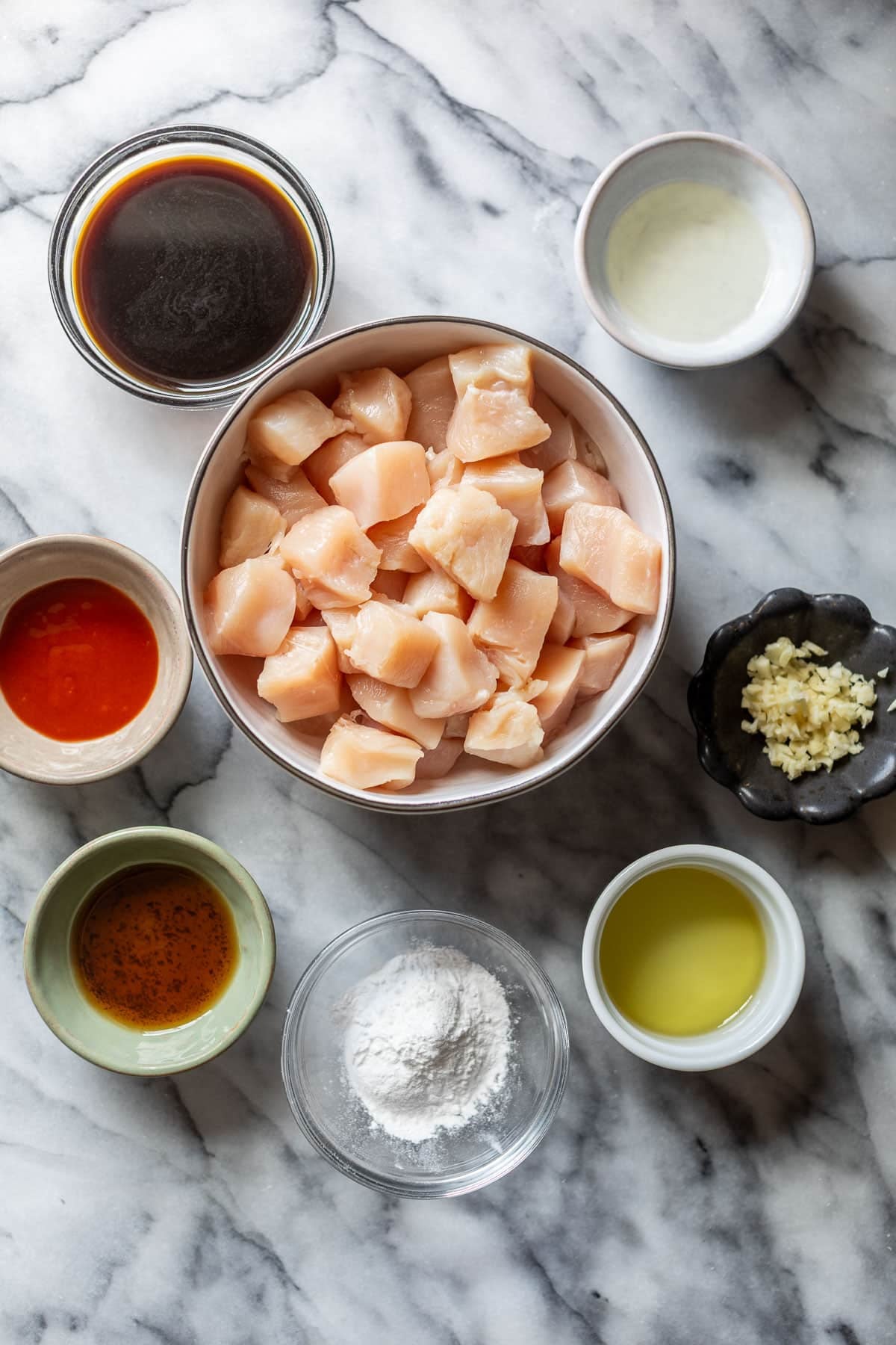 overhead view of the ingredients for healthy sesame chicken.