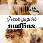 Pinterest image with overlay text, "greek yogurt muffins".