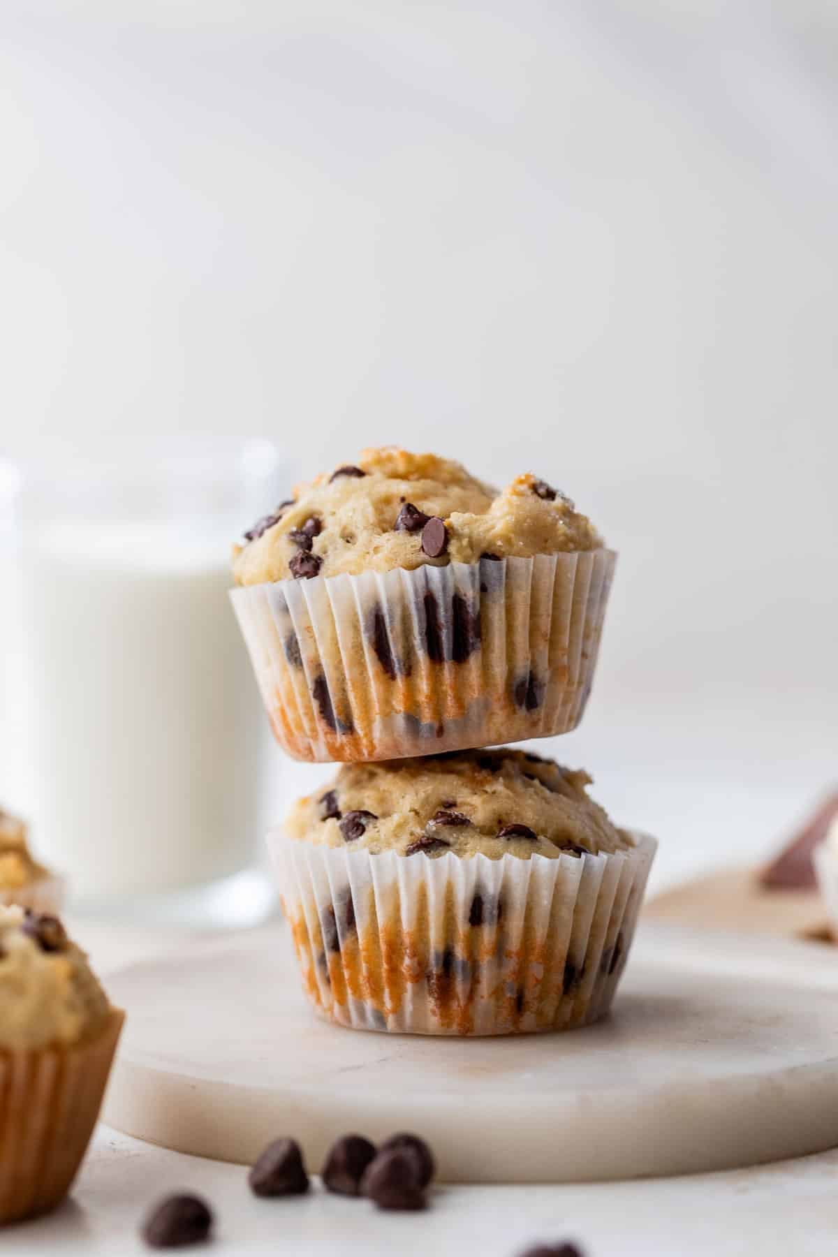 side view of a stack of 2 greek yogurt muffins.