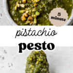 Pinterest image with overlay text, "pistachio pesto".
