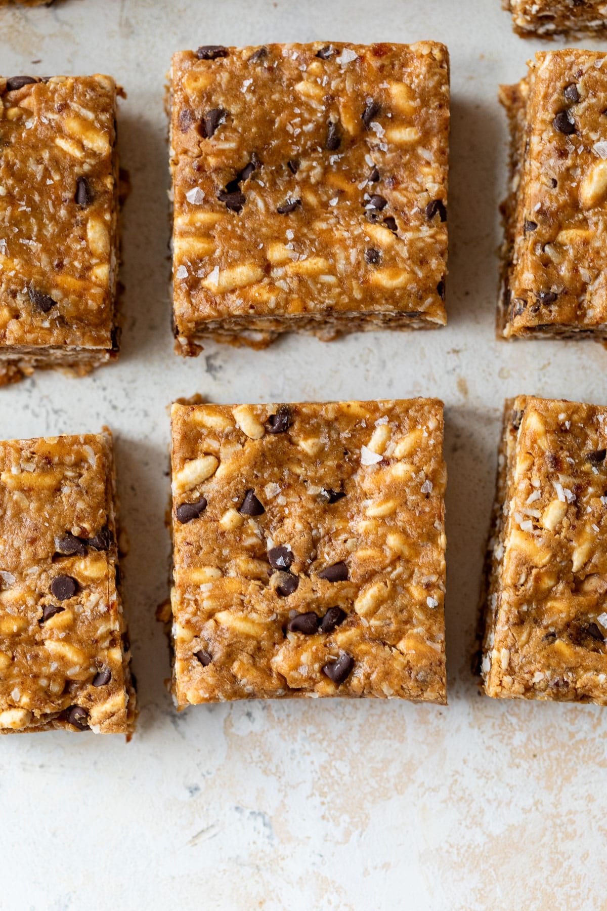 overhead view of sliced puffed rice protein bars.
