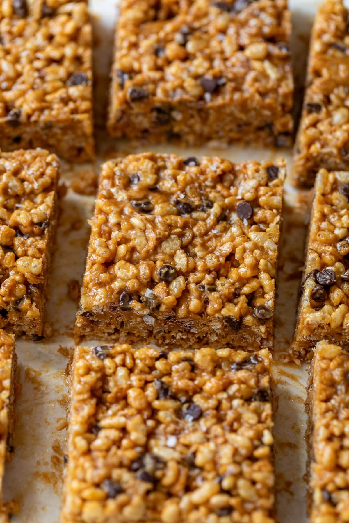 overhead view of sliced Healthy Peanut Butter Rice Crispy Treats in rows.