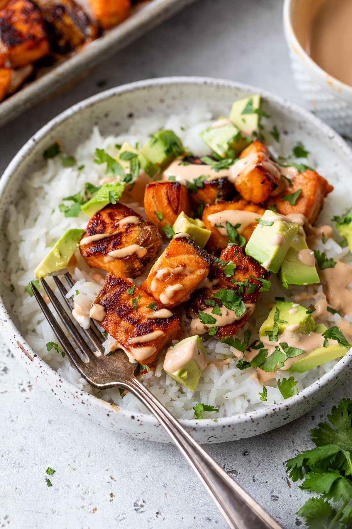 overhead view of a honey chipotle salmon bowl topped with diced avocado and chipotle mayo.