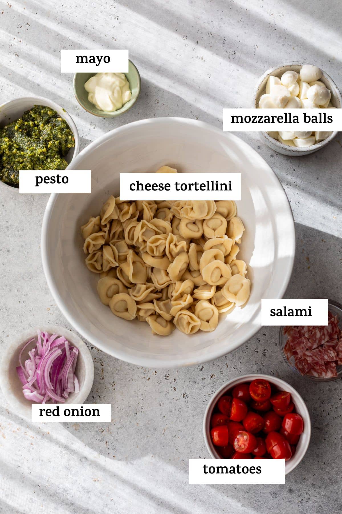 overhead view of the ingredients for a tortellini pasta salad with labels.