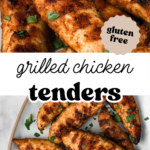 Pinterest image of a platter of grilled chicken tenders with overlay text, "grilled chicken tenders".