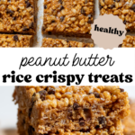 Pinterest image of sliced peanut butter rice crispy squares with overlay text, "peanut butter rice crispy treats".
