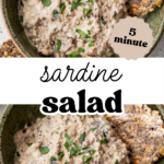 Pinterest image of a bowl of creamy sardine salad next to crackers with overlay text, "sardine salad".