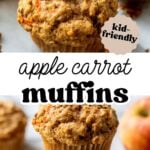 Pinterest image of baked apple carrot muffins with overlay text, "apple carrot muffins".