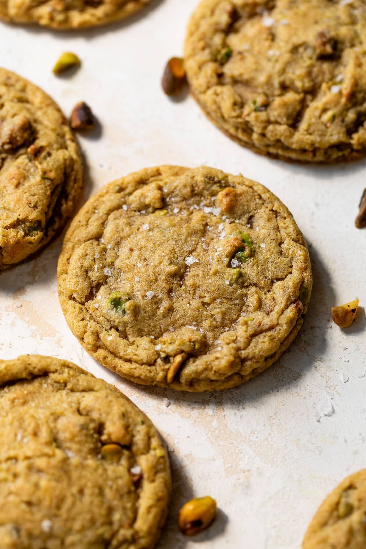 close up on baked pistachio cookies.