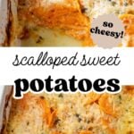 Pinterest image of baked scalloped sweet potatoes in a casserole dish with overlay text in the middle, "scalloped sweet potatoes".