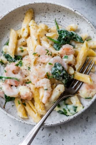 overhead view of shrimp alfredo pasta on a plate with a fork.
